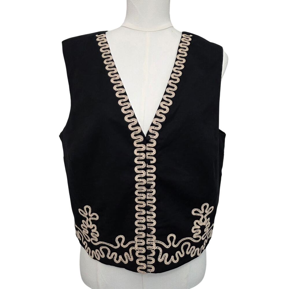 NWT Black Button-Up Cotton/Linen Vest w/Embroidered Detail